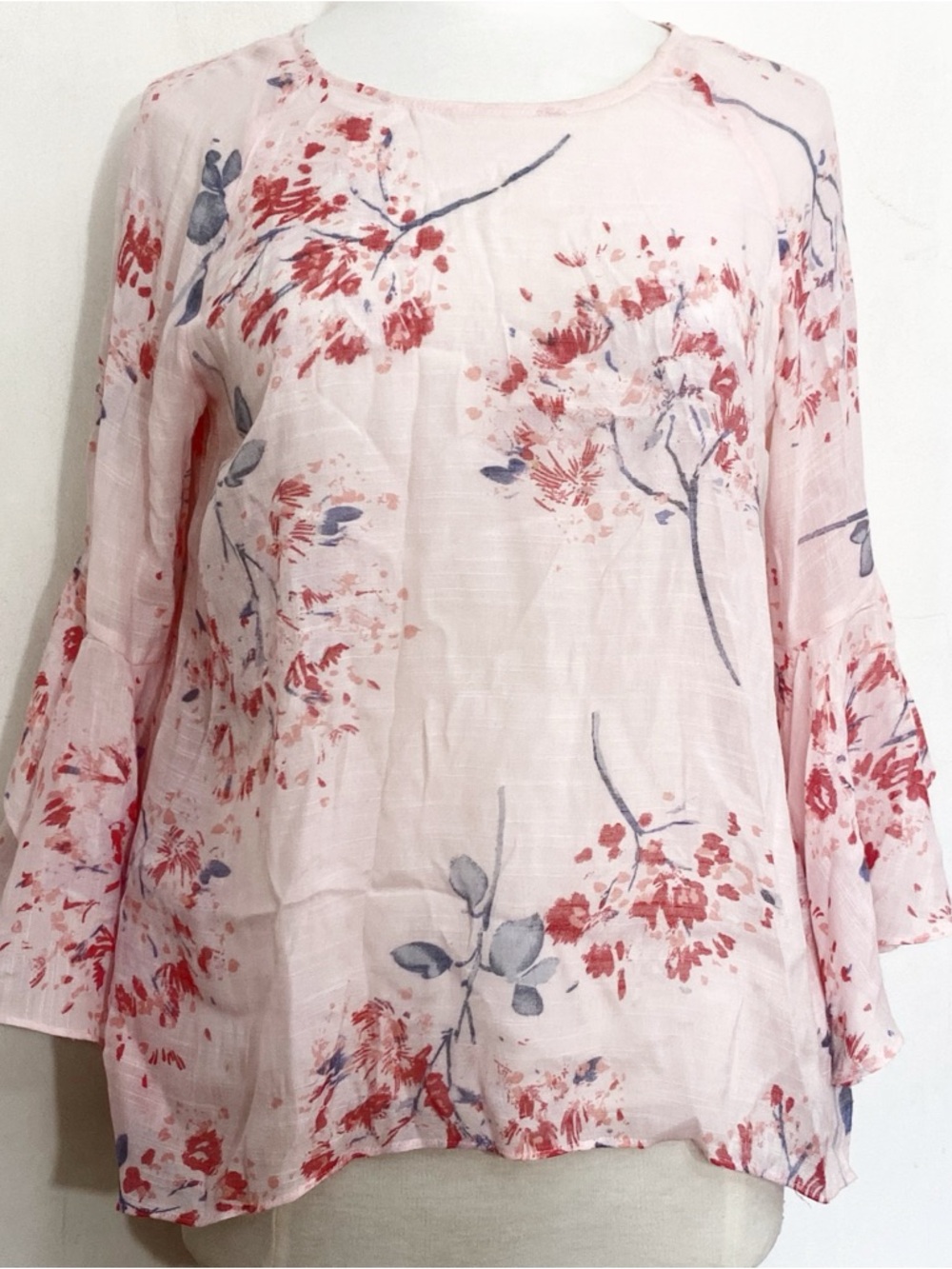 LC Lauren Conrad Gauzy Boho Fairy Bell Sleeve Pink Floral Lightweight Blouse M